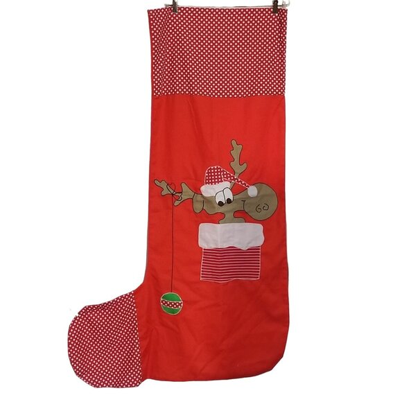 Hand Made Other - Vintage Giant 50 inch Christmas Stocking Applique Moose Reindeer in Chimney